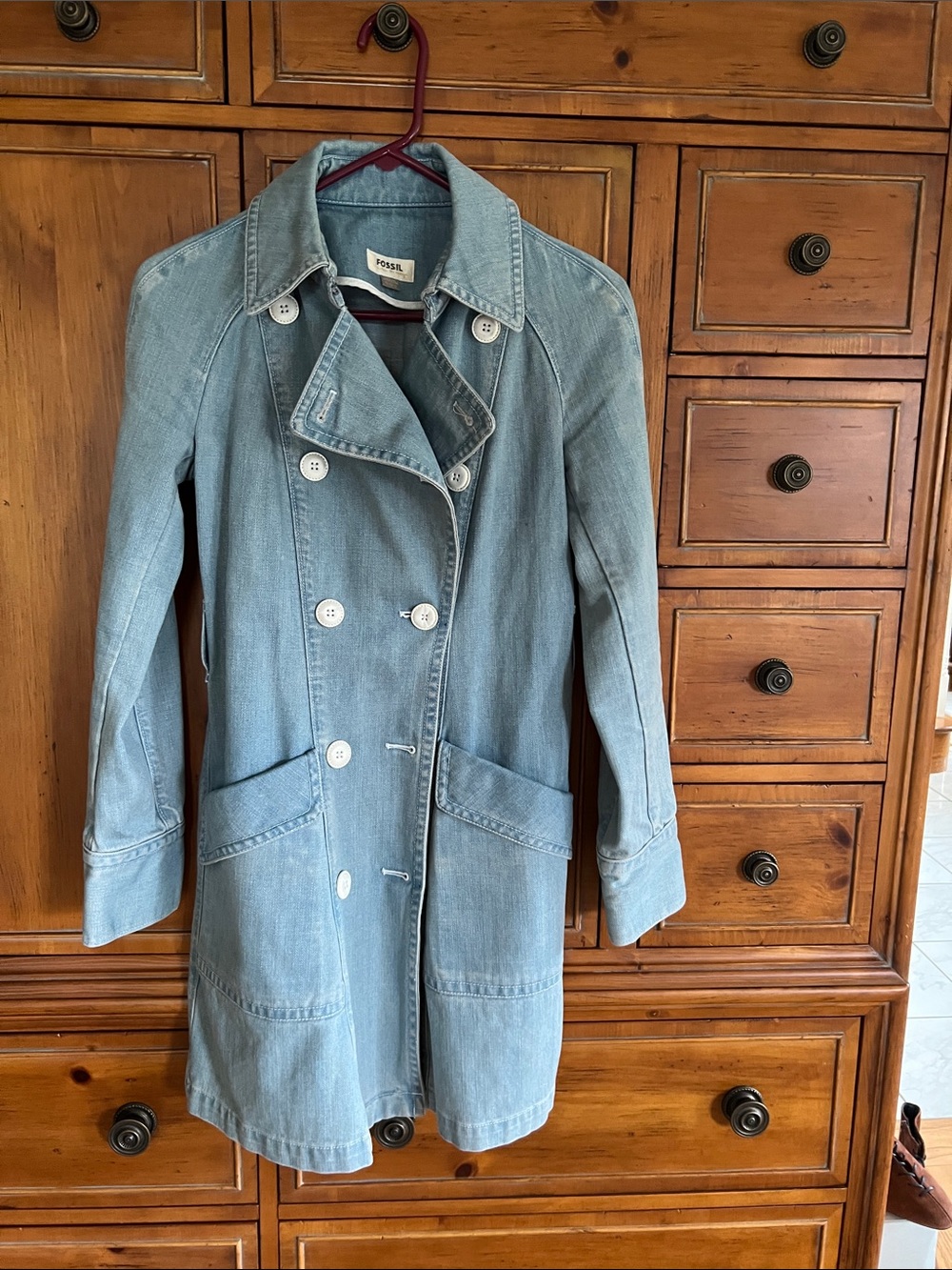Fossil Light Blue Denim Double-Breasted Trench